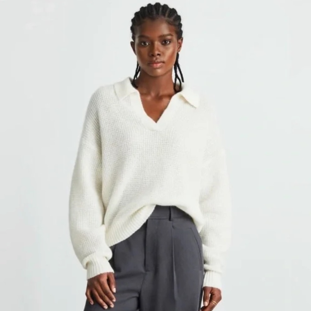 Everlane Aplaca Blend Waffle Knit Polo Sweater Cream Ivory XL Pullover